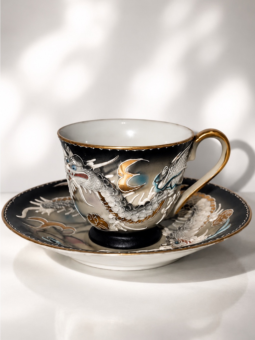 Vintage Dragon Tea Cup & Saucer Black Gold Japanese Style Porcelain Set